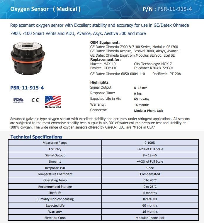 비독성 의료 산소 센서 휴대용 플라스틱 PSR-11-915-4 7900 7100 ADU